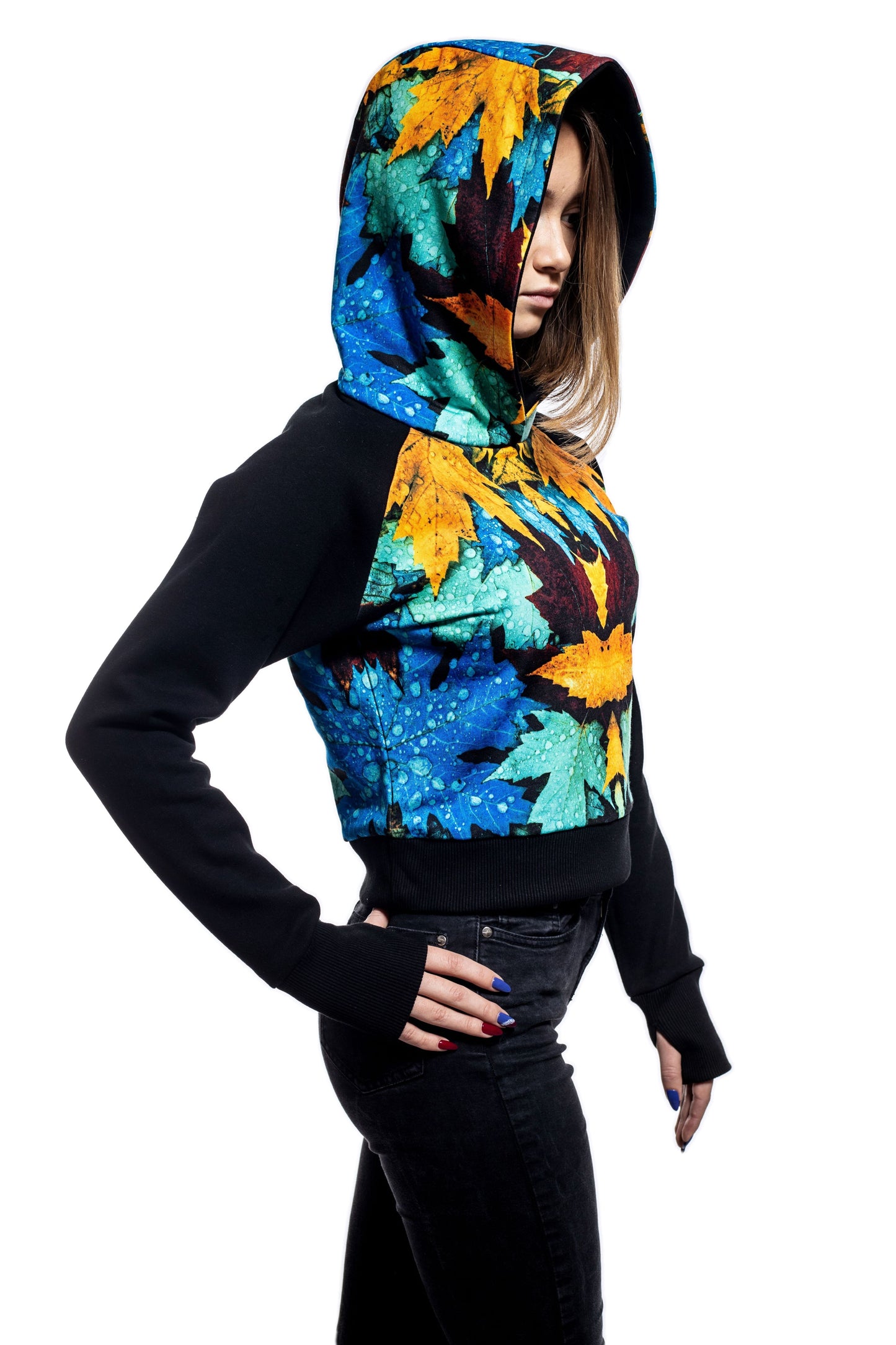 Damen Cropped Hoodie - Sweatshirt mit langen Raglanärmeln und rundem Ausschnitt