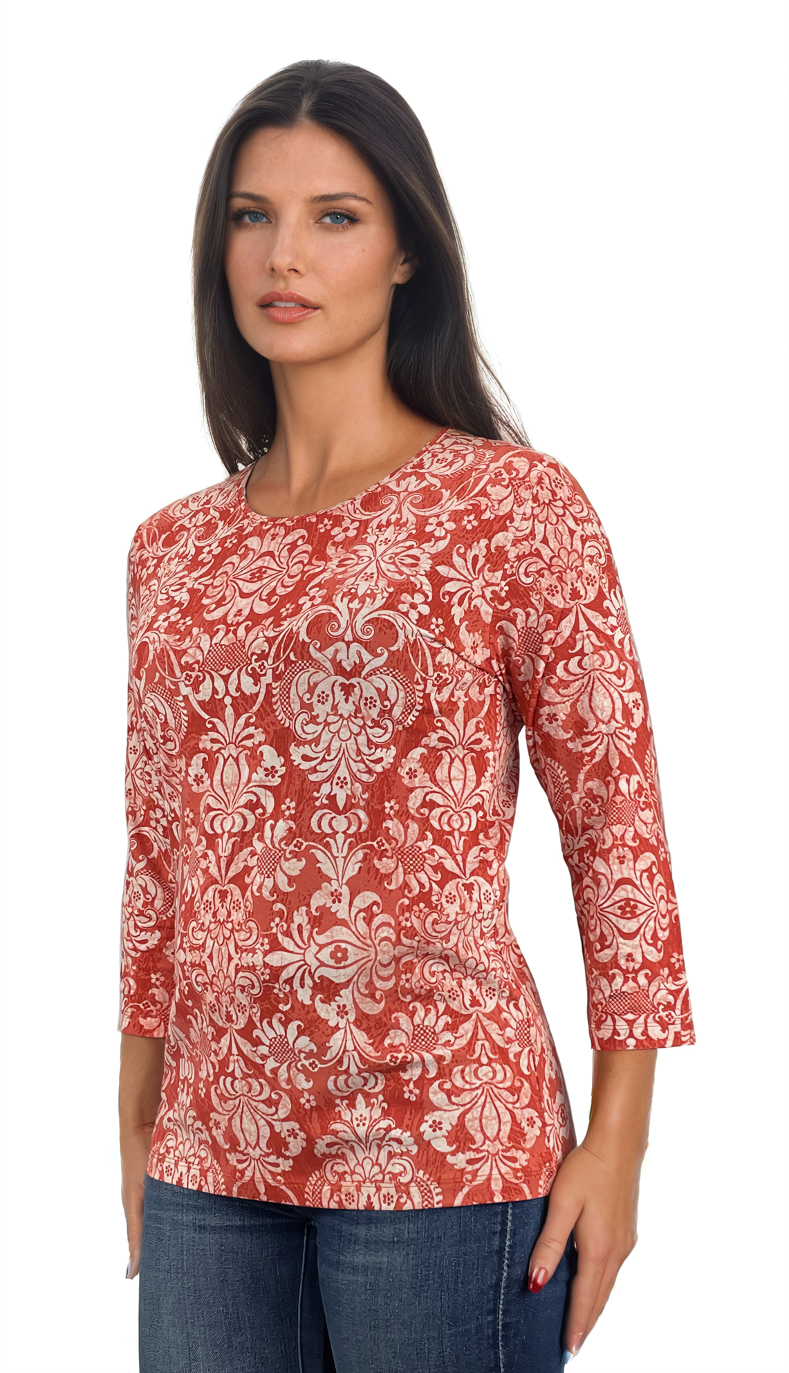 Damen Bluse - T-Shirt mit 3/4 Ärmeln und Rundhalsausschnitt