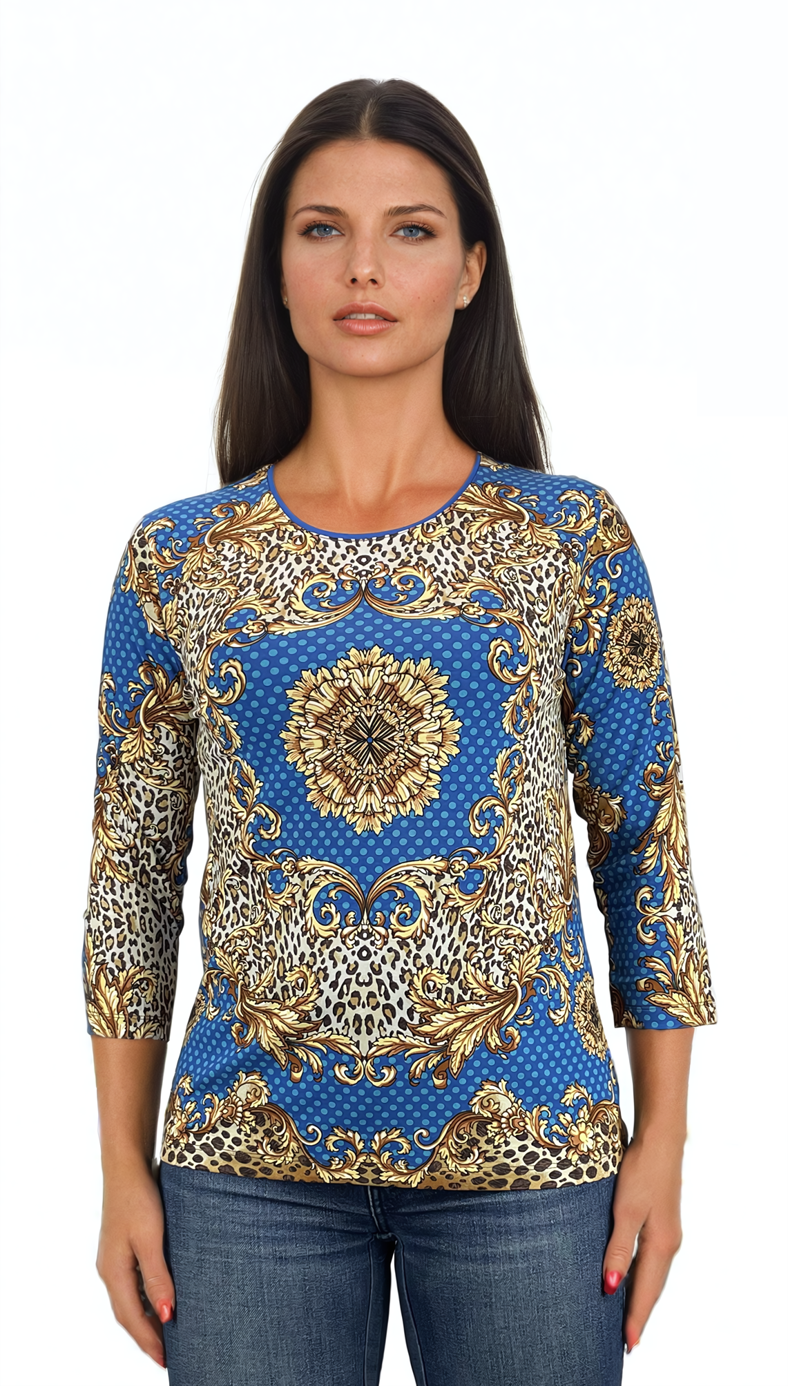 Damen Bluse - T-Shirt mit 3/4 Ärmeln und Rundhalsausschnitt