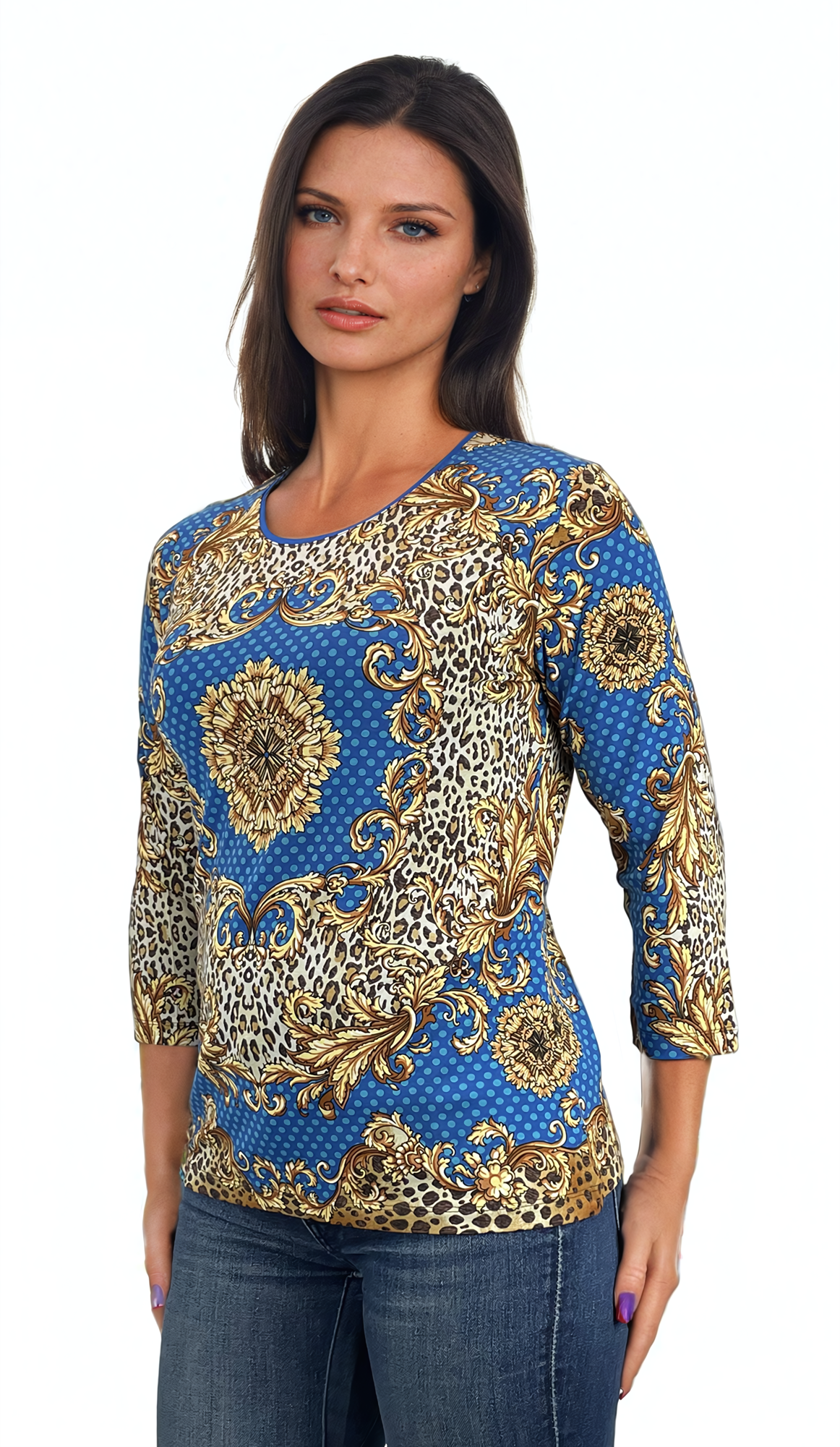 Damen Bluse - T-Shirt mit 3/4 Ärmeln und Rundhalsausschnitt