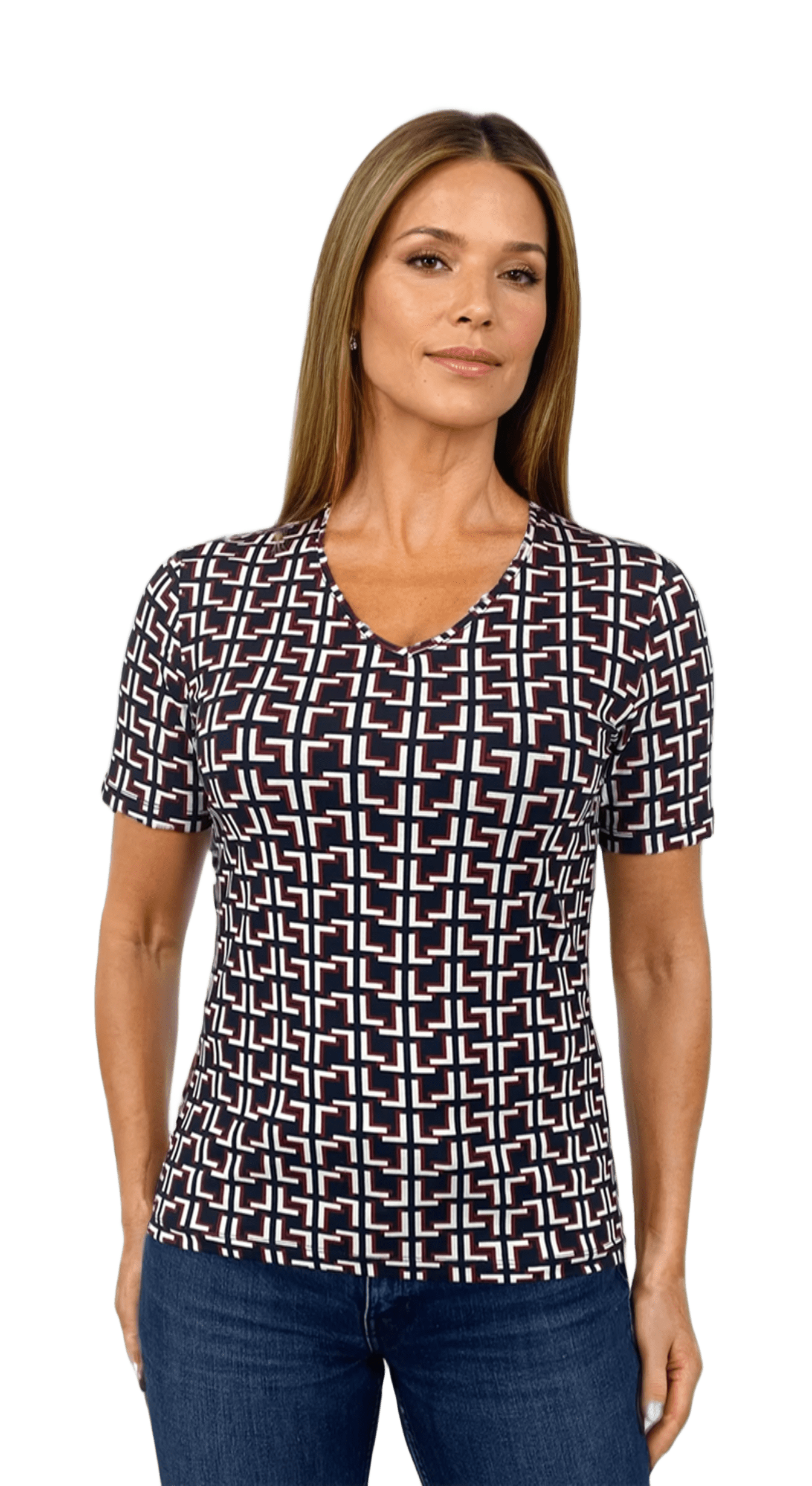 Damenbluse - Kurzarm-T-Shirt mit spitzem Ausschnitt