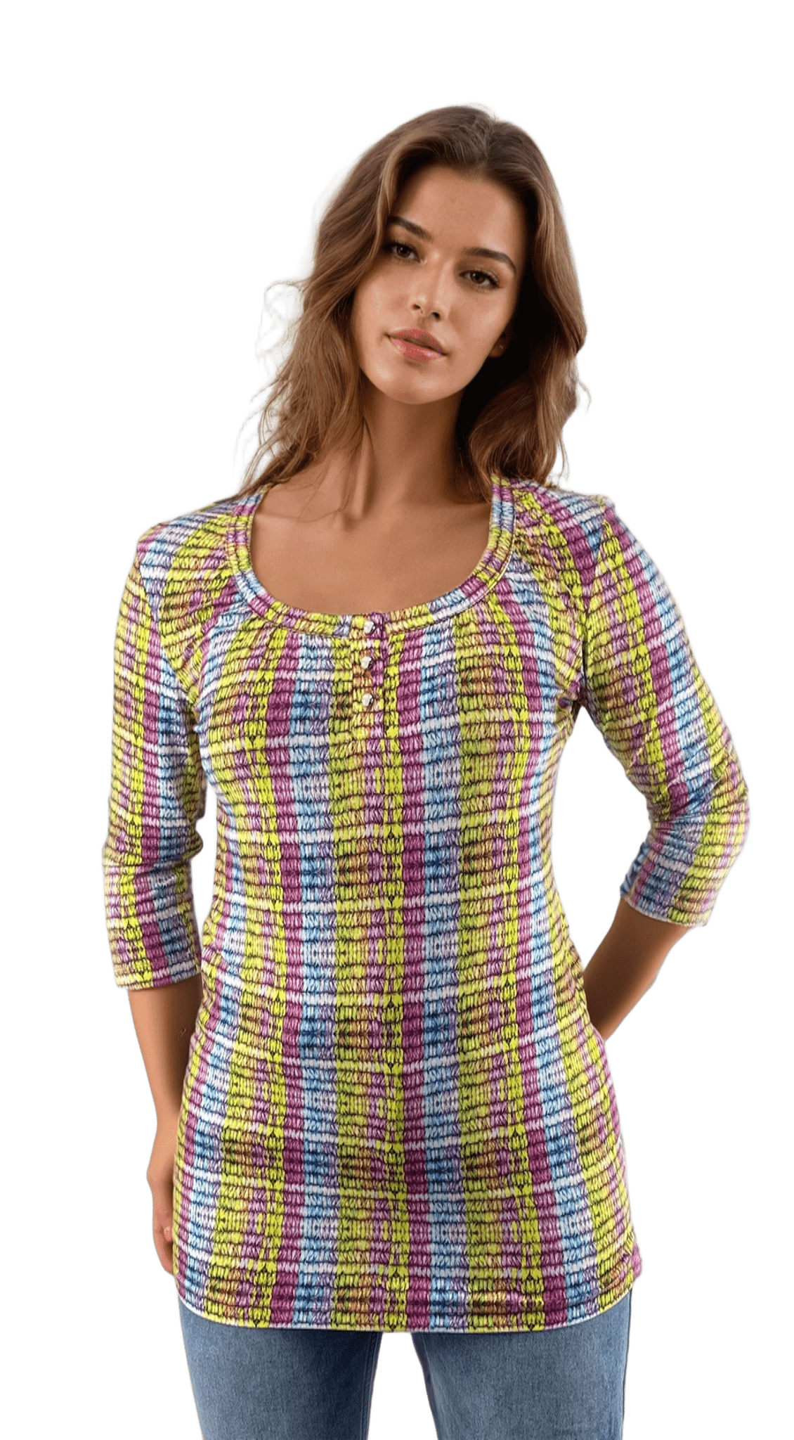 Damen Tunika - 3/4 Arm T-Shirt, Rundhalsausschnitt mit Knöpfen