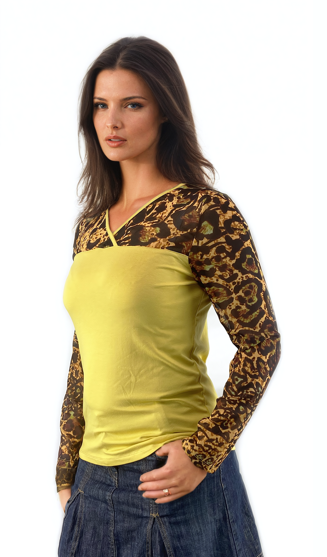 Damenbluse - Langarm-T-Shirt mit spitzem Ausschnitt