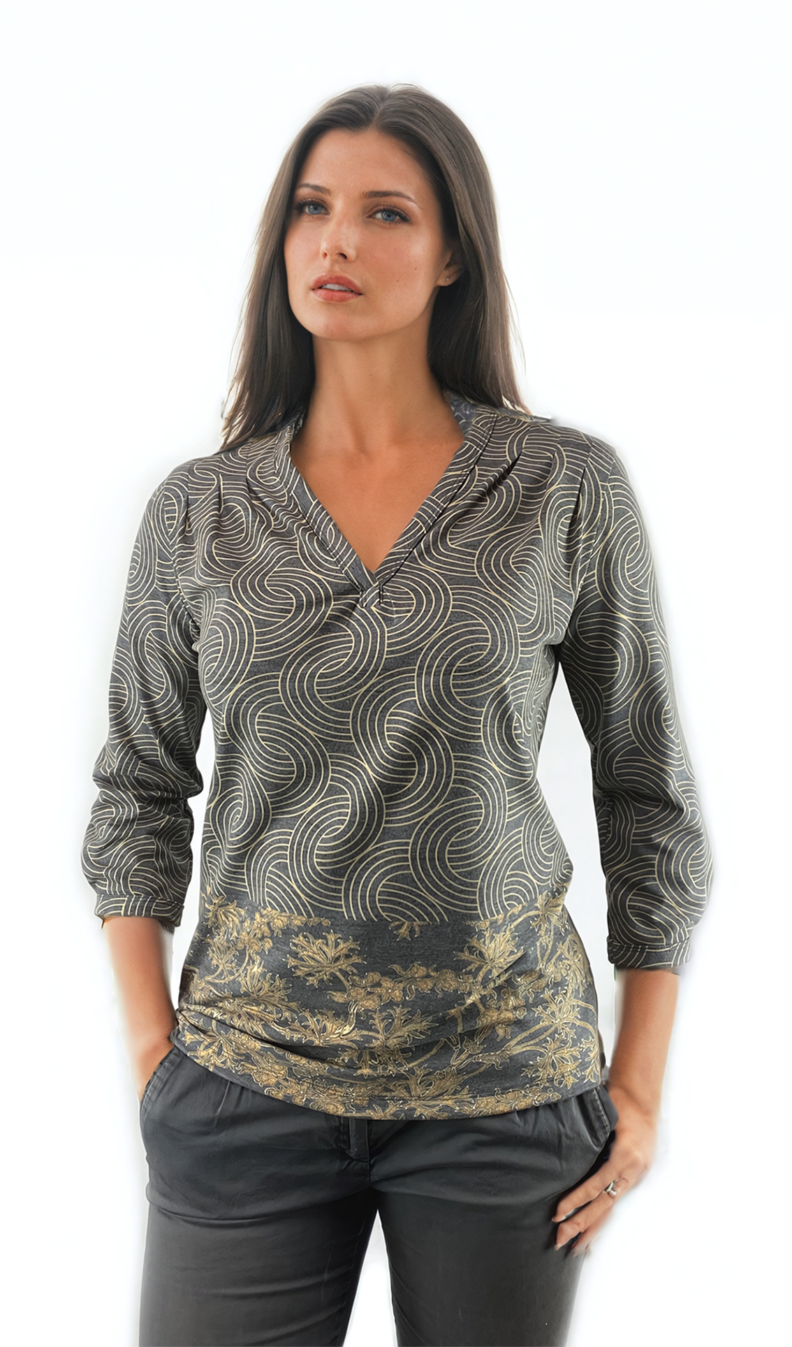 Damenbluse - 3/4-Arm T-Shirt, spitzer Ausschnitt