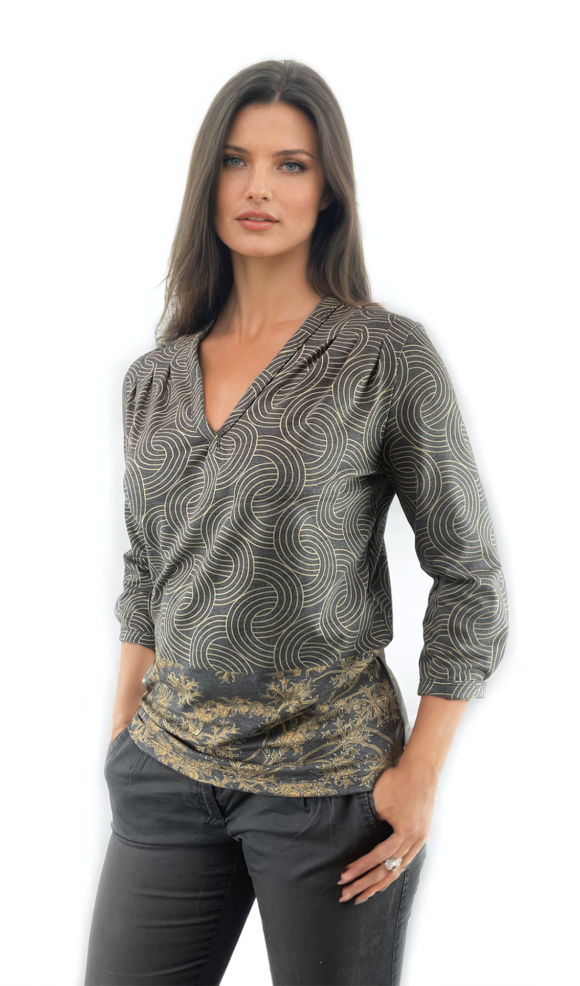Damenbluse - 3/4-Arm T-Shirt, spitzer Ausschnitt