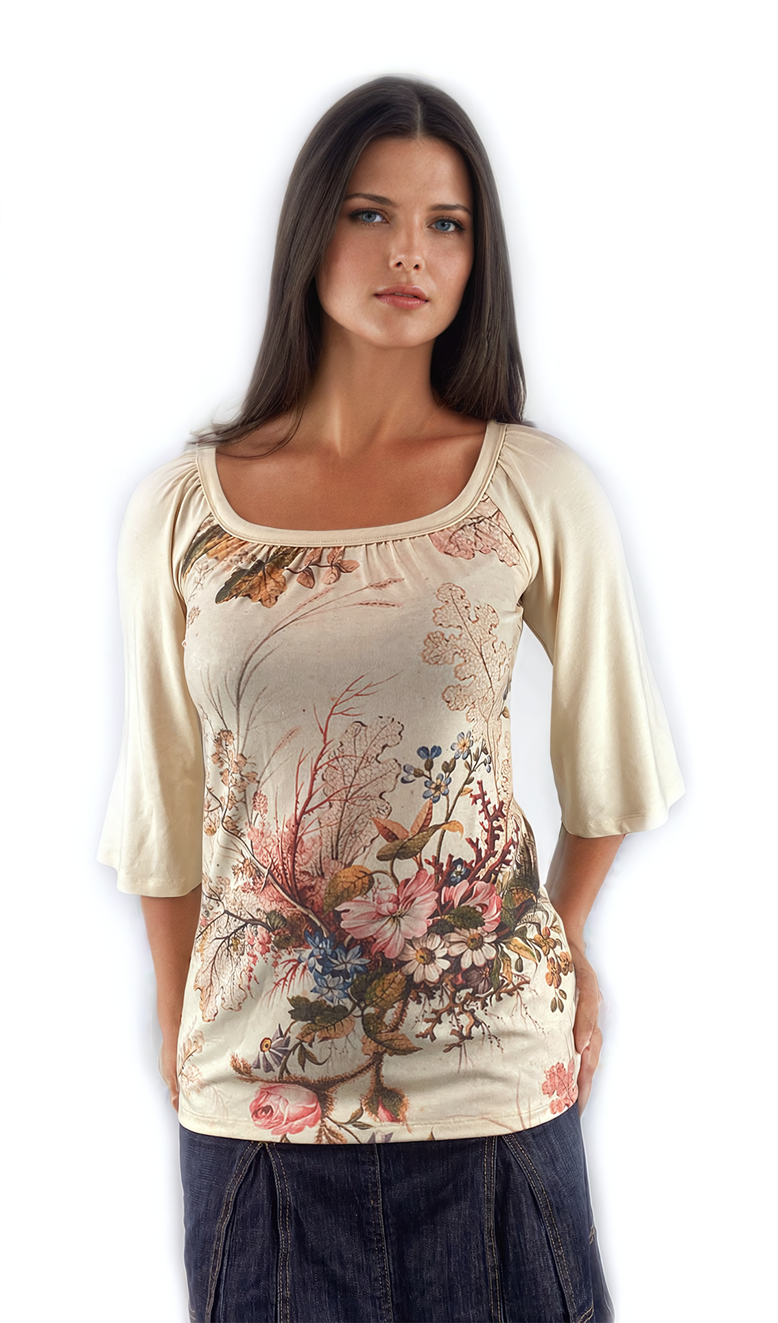 Damen Bluse - T-Shirt mit 3/4 Ärmeln und Rundhalsausschnitt