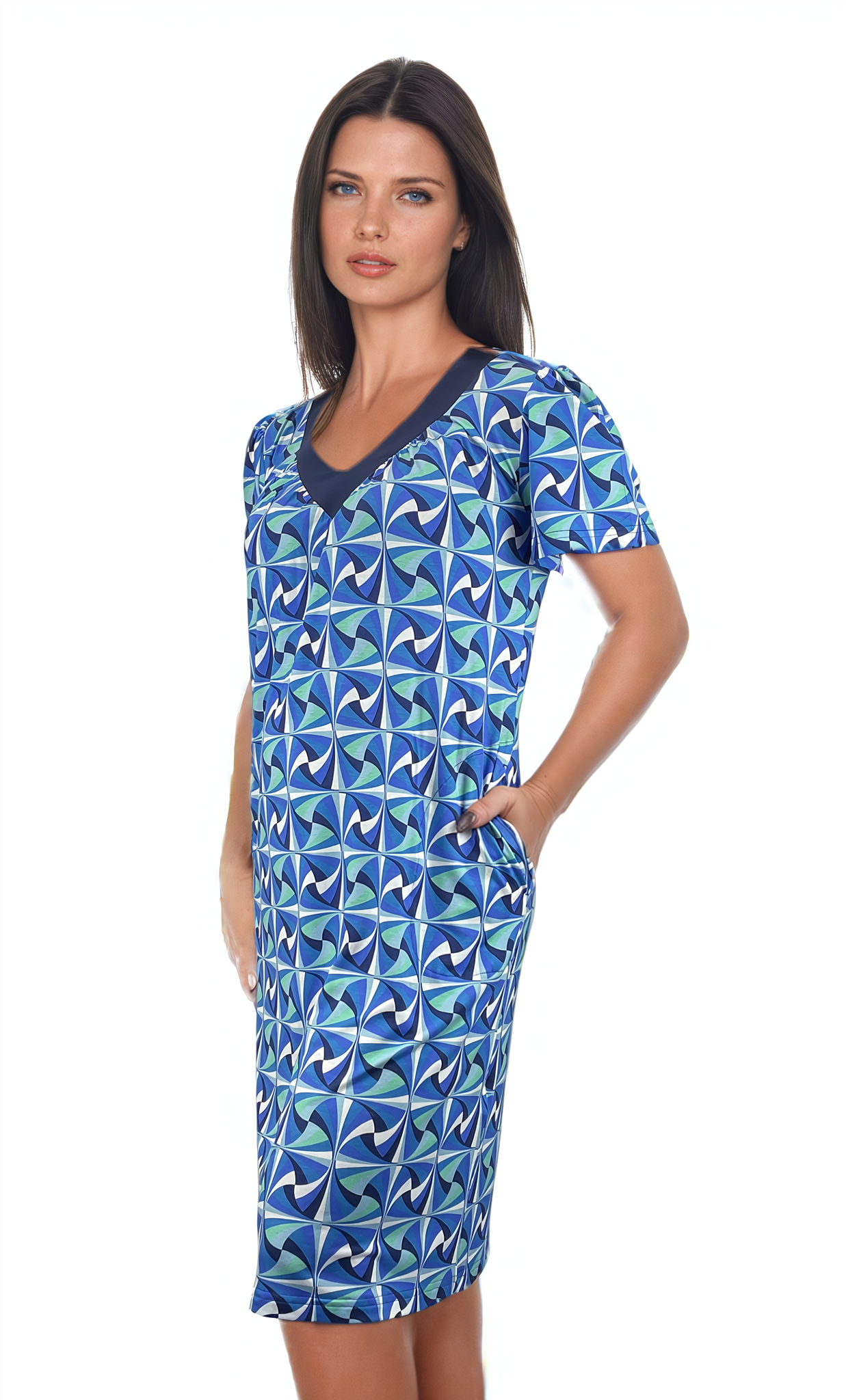Damenkleid mit kurzen Ärmeln und tiefem Ausschnitt