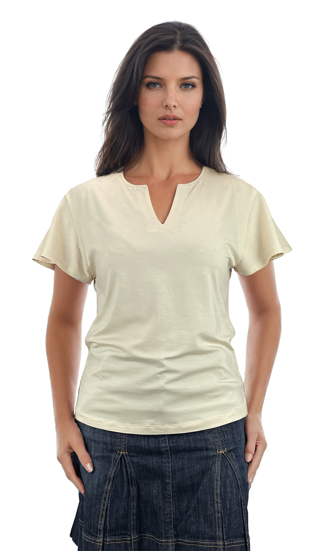 Damenbluse - Kurzarm-T-Shirt mit spitzem Ausschnitt