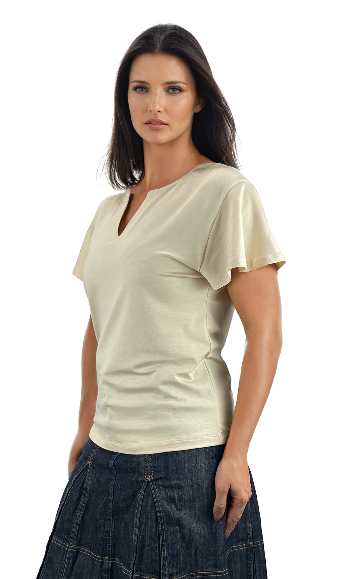 Damenbluse - Kurzarm-T-Shirt mit spitzem Ausschnitt