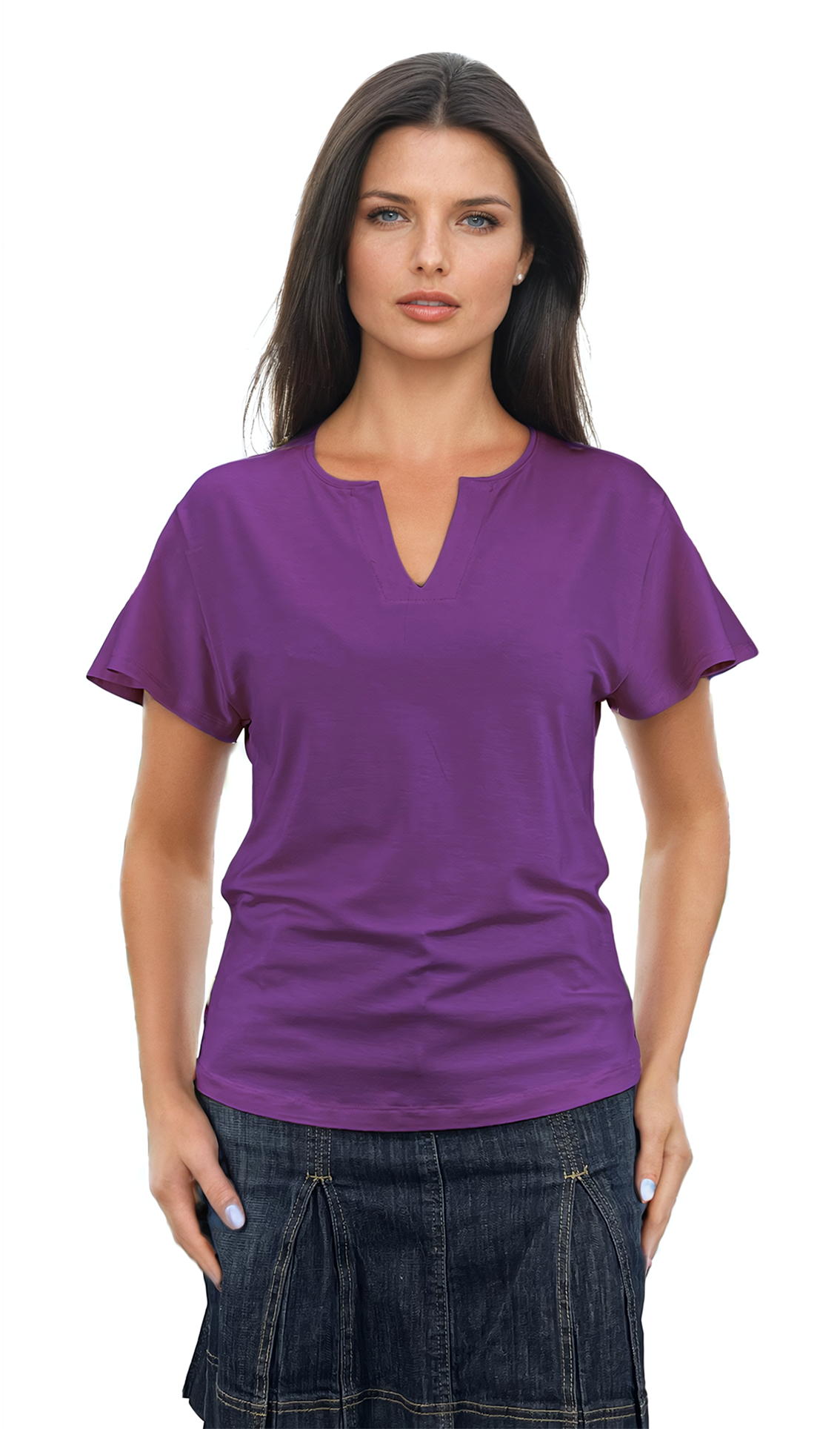 Damenbluse - Kurzarm-T-Shirt mit spitzem Ausschnitt