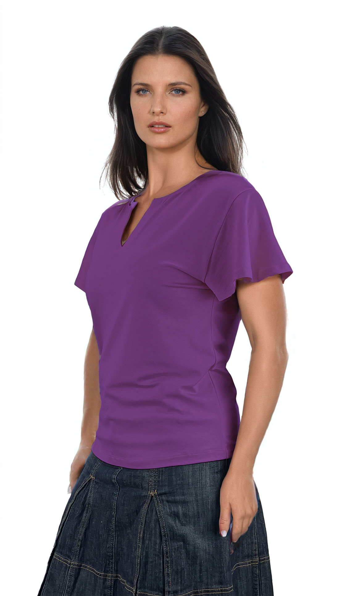 Damenbluse - Kurzarm-T-Shirt mit spitzem Ausschnitt