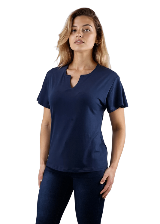Damenbluse – kurzärmeliges T-Shirt mit spitzem Ausschnitt