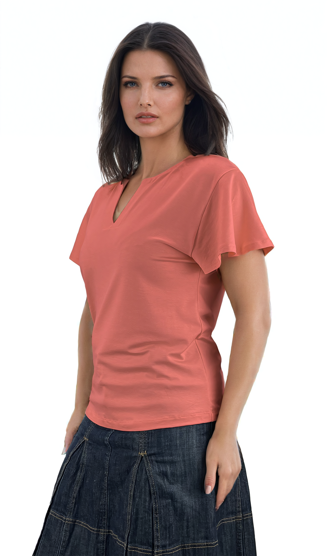 Damenbluse - Kurzarm-T-Shirt mit spitzem Ausschnitt