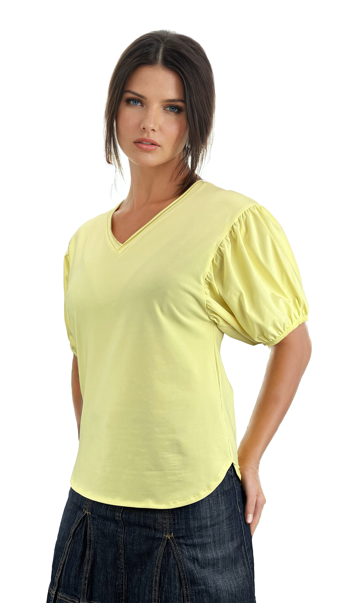 Damenbluse - Kurzarm-T-Shirt mit spitzem Ausschnitt