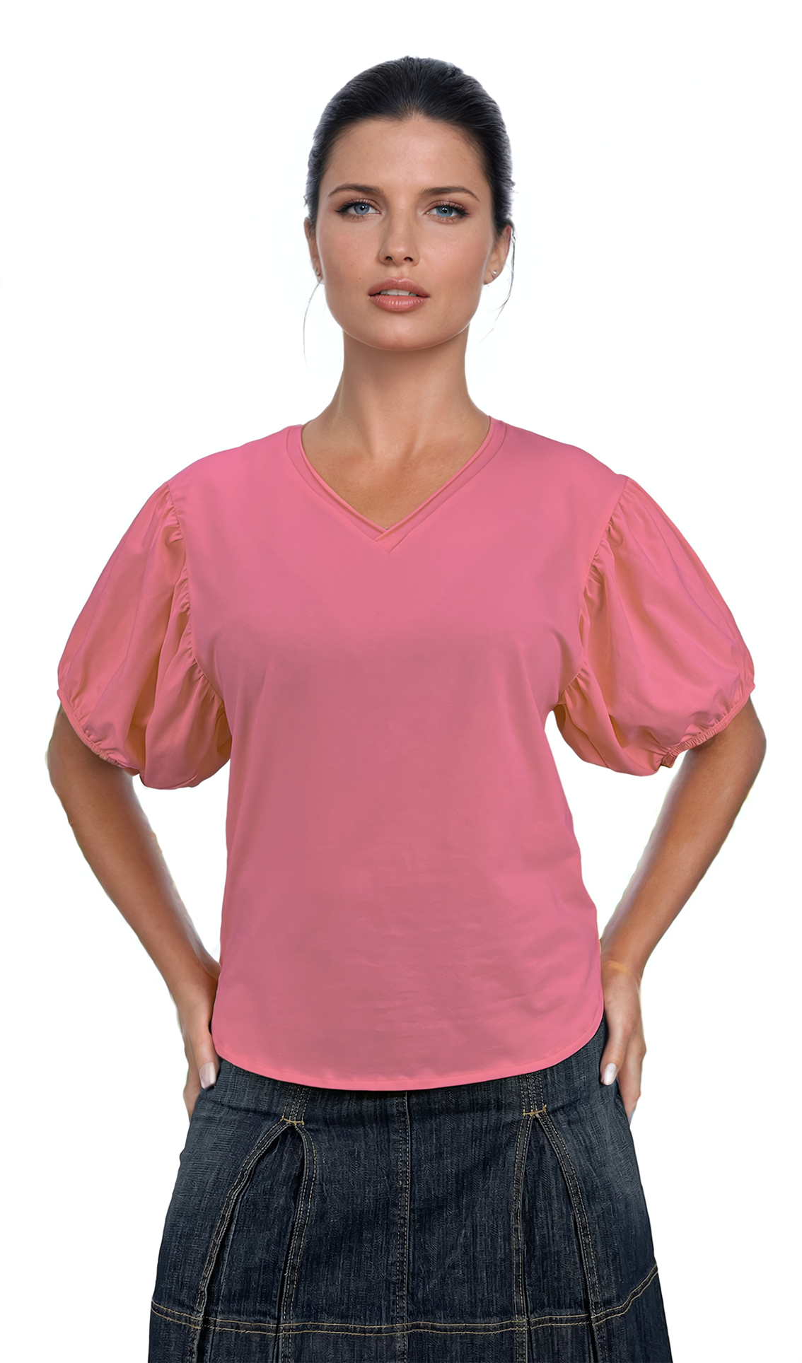 Damenbluse - Kurzarm-T-Shirt mit spitzem Ausschnitt