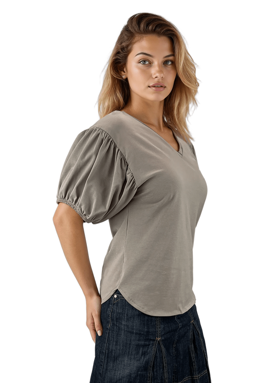 Damenbluse – kurzärmeliges T-Shirt mit spitzem Ausschnitt