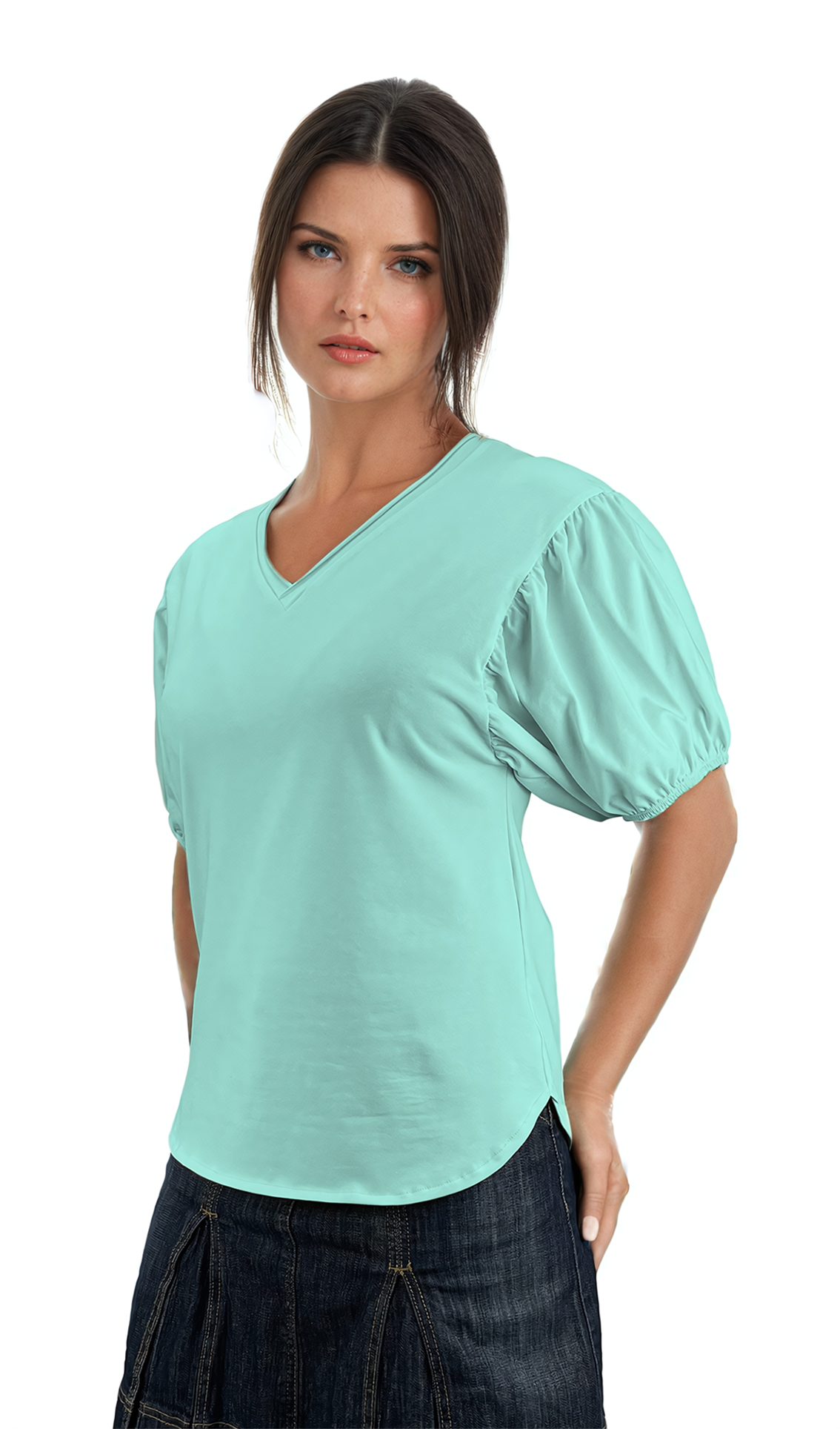 Damenbluse - Kurzarm-T-Shirt mit spitzem Ausschnitt