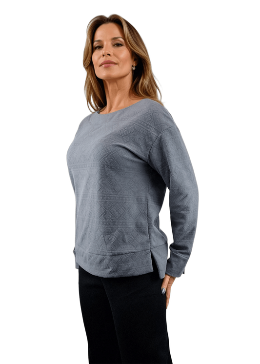 Jacquardbluse für Damen – langärmeliges T-Shirt mit Rundhalsausschnitt