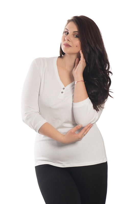 Damen Bluse - T-Shirt mit 3/4 Ärmeln und spitzem Ausschnitt mit zwei Zierknöpfen