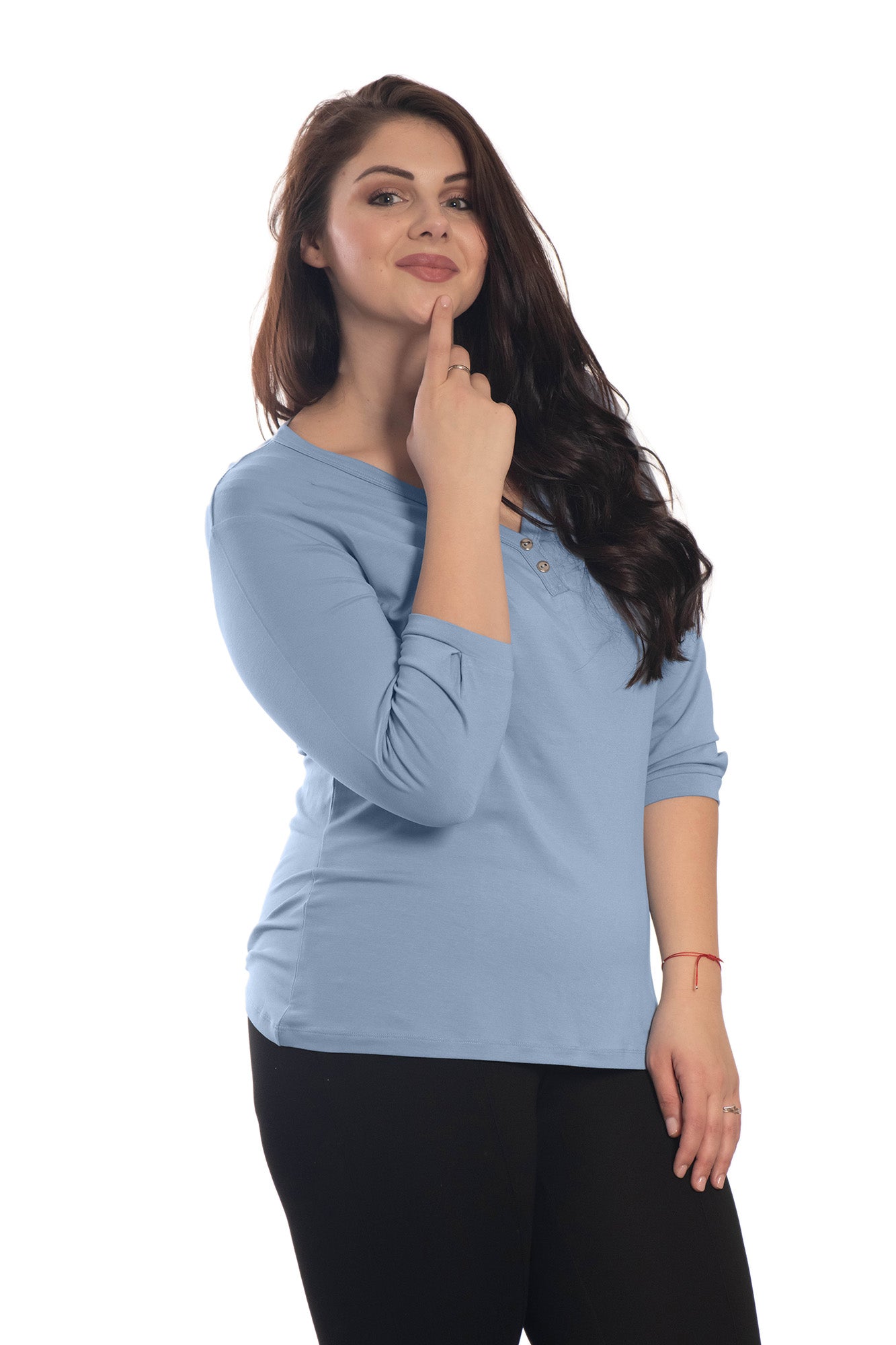 Damen Bluse - T-Shirt mit 3/4 Ärmeln und spitzem Ausschnitt mit zwei Zierknöpfen