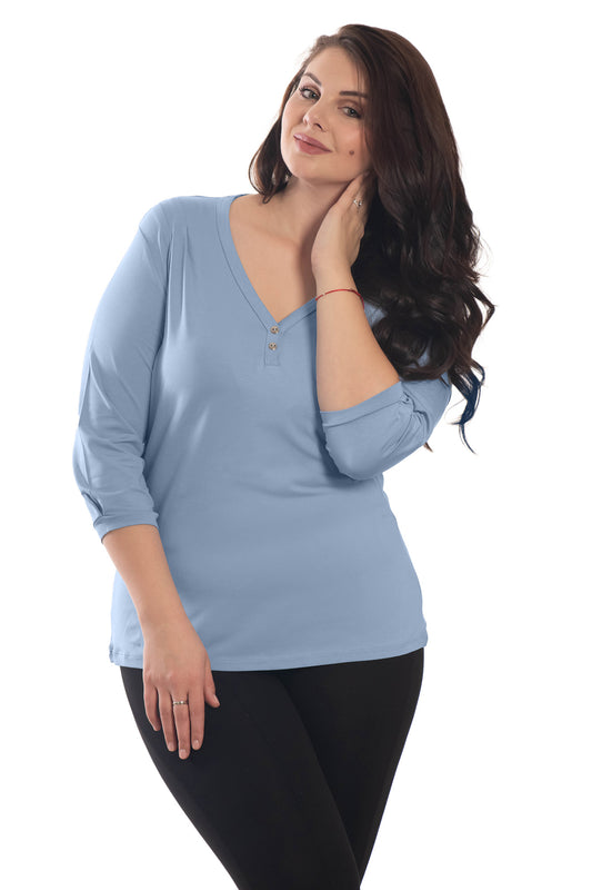 Damen Bluse - T-Shirt mit 3/4 Ärmeln und spitzem Ausschnitt mit zwei Zierknöpfen