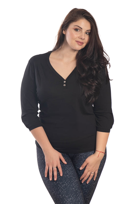 Damen Bluse - T-Shirt mit 3/4 Ärmeln und spitzem Ausschnitt mit zwei Zierknöpfen
