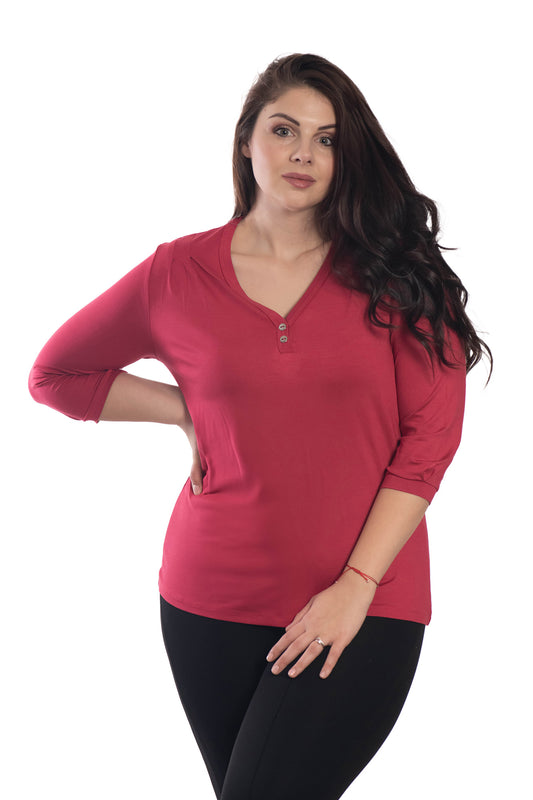 Damen Bluse - T-Shirt mit 3/4 Ärmeln und spitzem Ausschnitt mit zwei Zierknöpfen