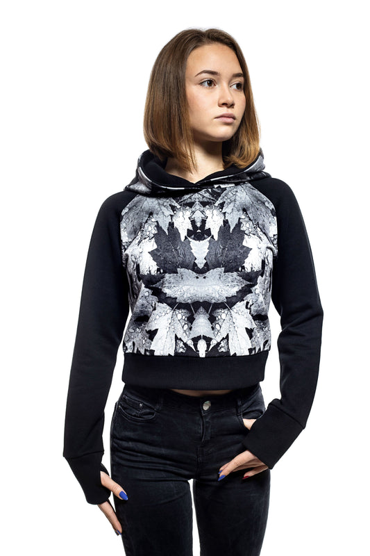 Damen Cropped Hoodie - Sweatshirt mit langen Raglanärmeln und rundem Ausschnitt