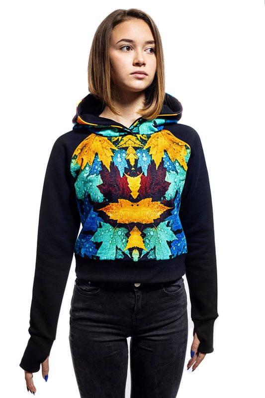 Damen Cropped Hoodie - Sweatshirt mit langen Raglanärmeln und rundem Ausschnitt