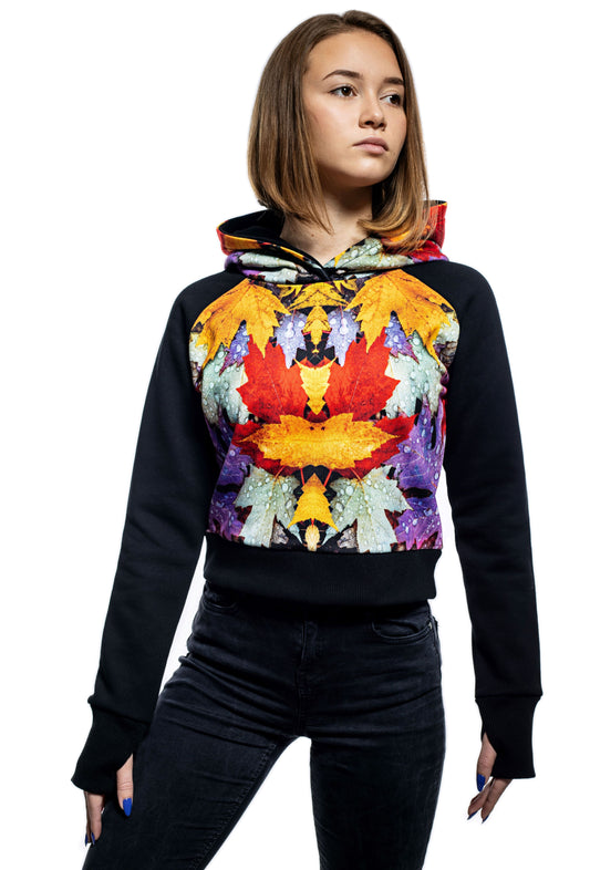 Damen Cropped Hoodie - Sweatshirt mit langen Raglanärmeln und rundem Ausschnitt