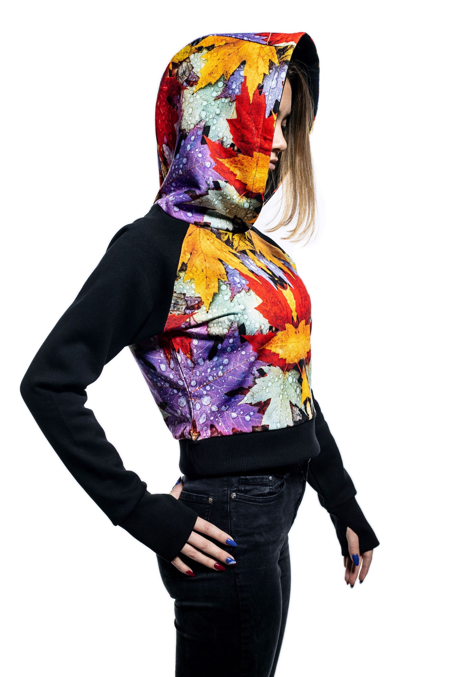 Damen Cropped Hoodie - Sweatshirt mit langen Raglanärmeln und rundem Ausschnitt