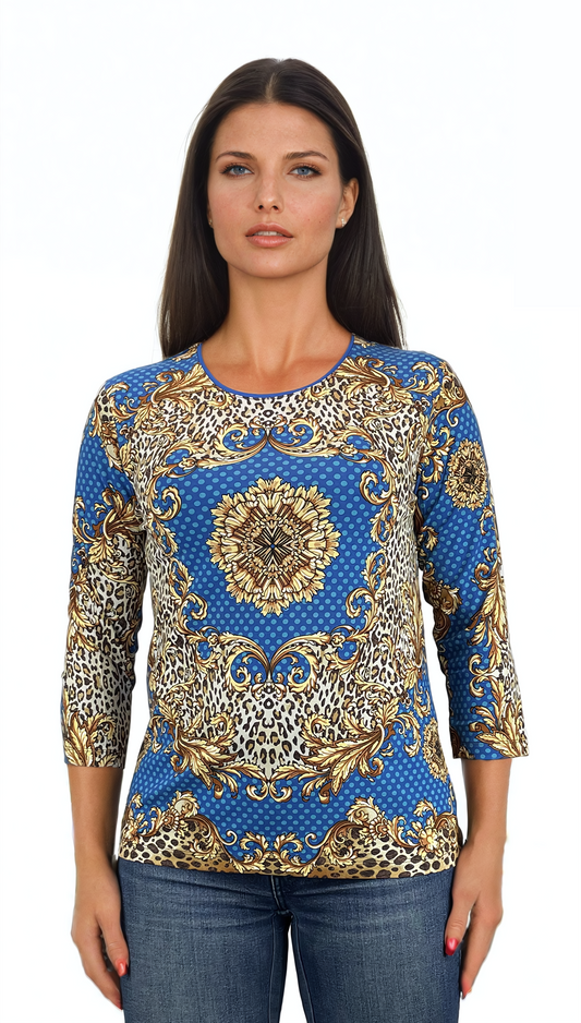 Damen Bluse - T-Shirt mit 3/4 Ärmeln und Rundhalsausschnitt