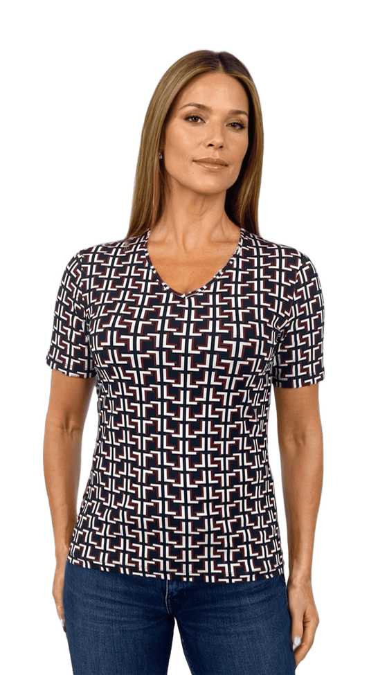 Damenbluse - Kurzarm-T-Shirt mit spitzem Ausschnitt