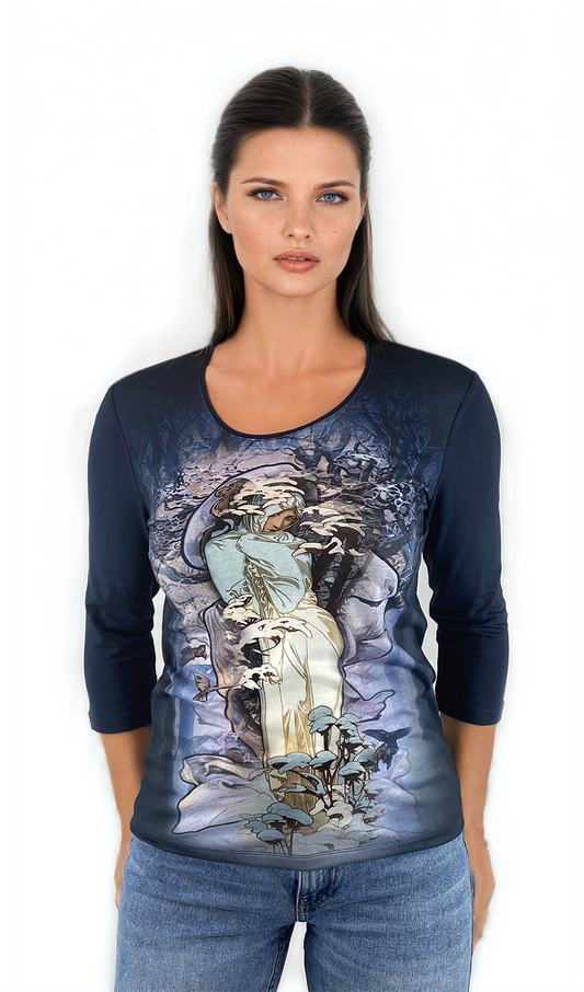 Damen Bluse - T-Shirt mit 3/4 Ärmeln und Rundhalsausschnitt