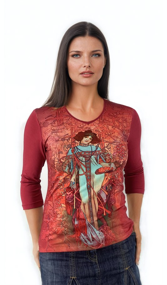 Damenbluse - 3/4-Arm T-Shirt, spitzer Ausschnitt