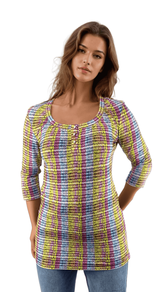 Damen Tunika - 3/4 Arm T-Shirt, Rundhalsausschnitt mit Knöpfen