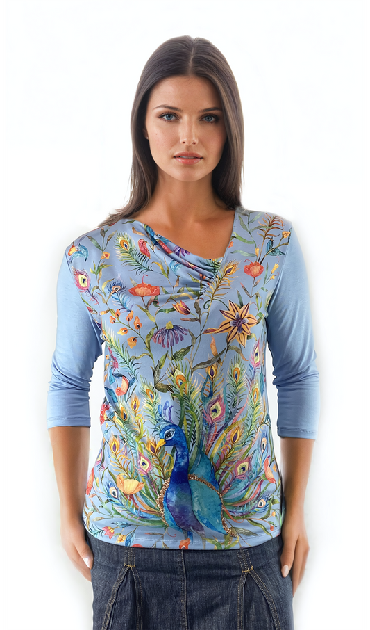 Damen Bluse - T-Shirt mit 3/4 Ärmeln, asymmetrischem Spitzausschnitt