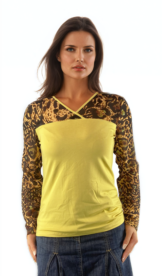 Damenbluse - Langarm-T-Shirt mit spitzem Ausschnitt