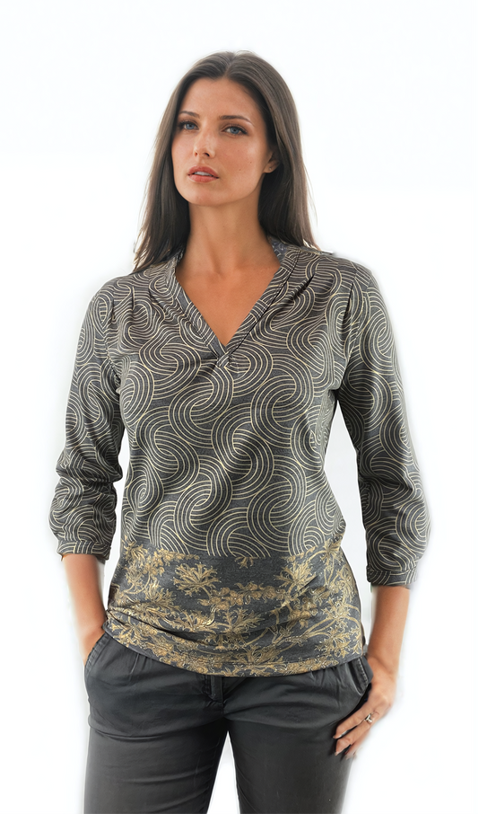 Damenbluse - 3/4-Arm T-Shirt, spitzer Ausschnitt