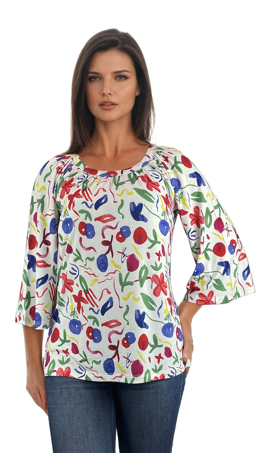 Damen Bluse - T-Shirt mit 3/4 Ärmeln und Rundhalsausschnitt
