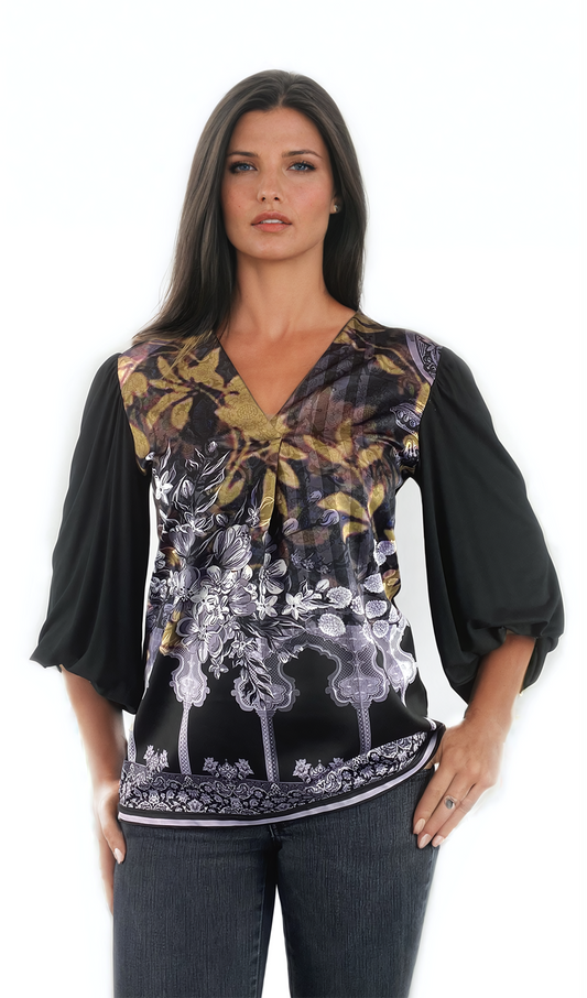 Damenbluse - 3/4-Arm T-Shirt, spitzer Ausschnitt