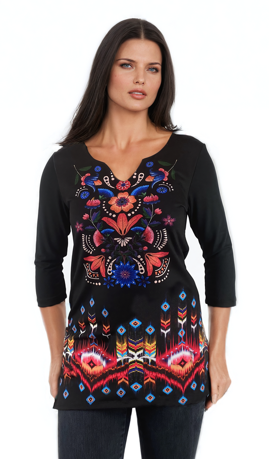 Damen Tunika - T-Shirt mit 3/4 Ärmeln und spitzem Ausschnitt