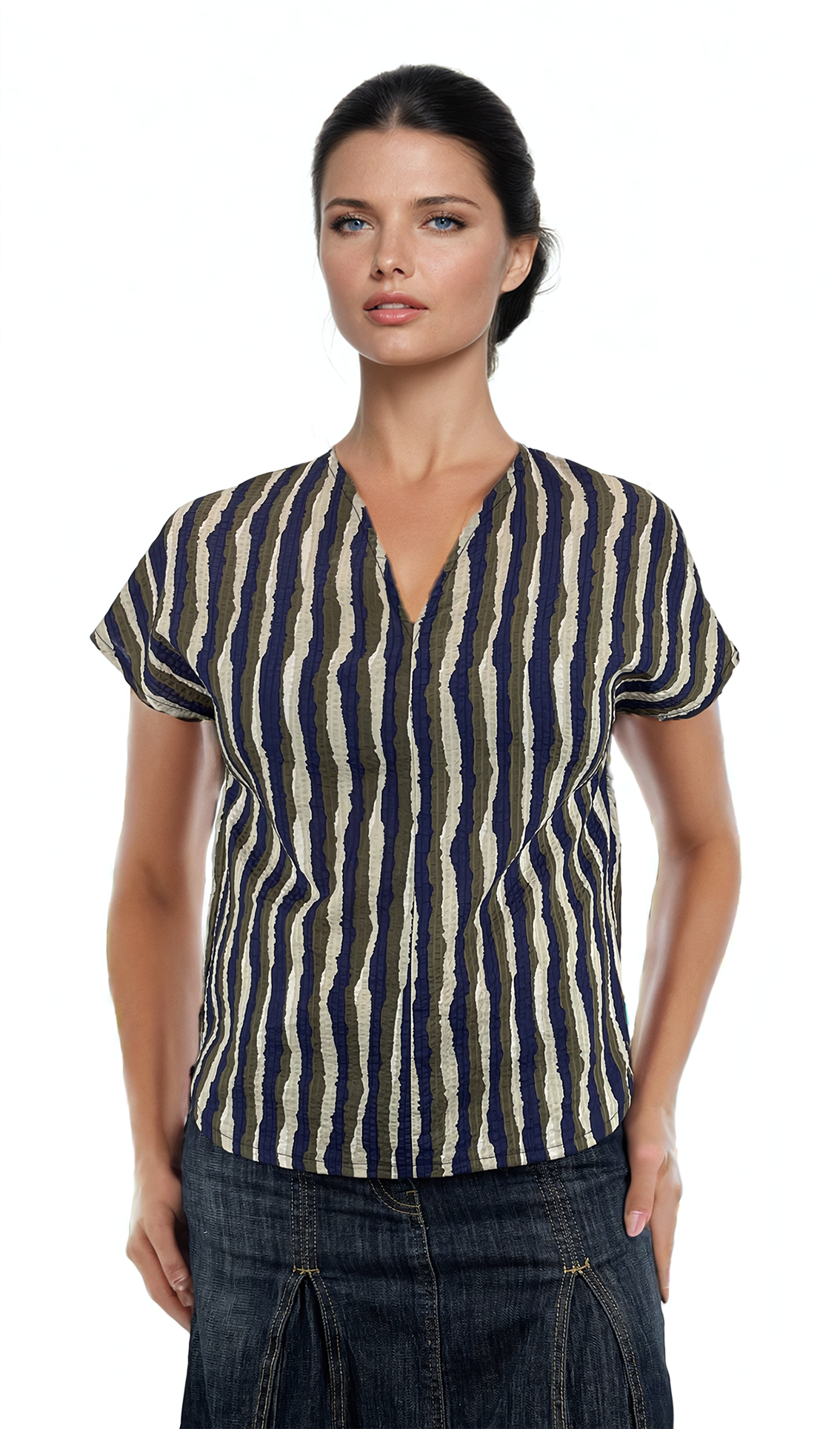 Дамска блуза къс ръкав остро деколте - Decade.shop