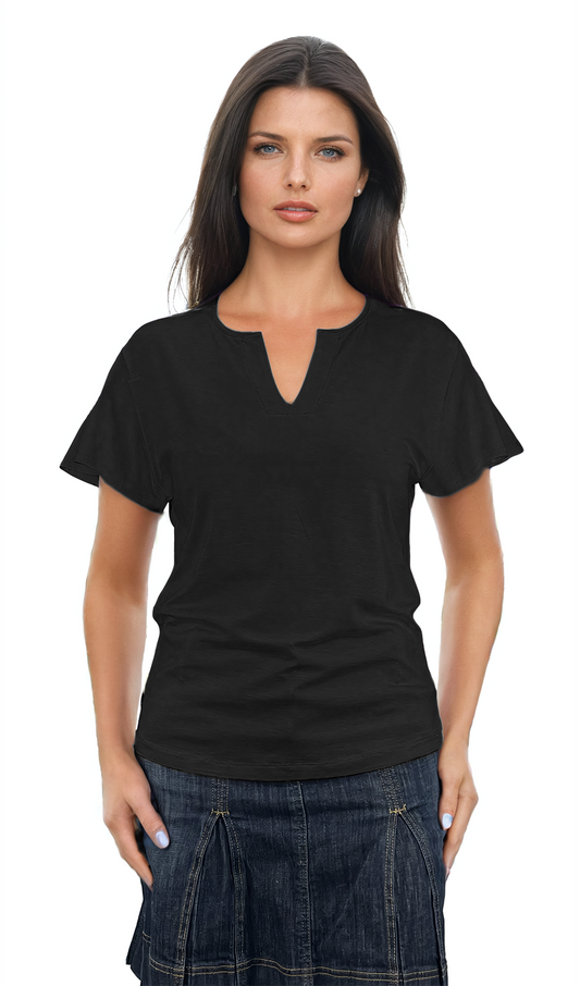 Damenbluse - Kurzarm-T-Shirt mit spitzem Ausschnitt