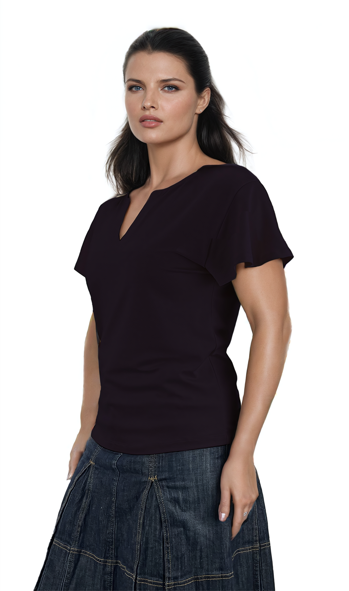 Damenbluse - Kurzarm-T-Shirt mit spitzem Ausschnitt
