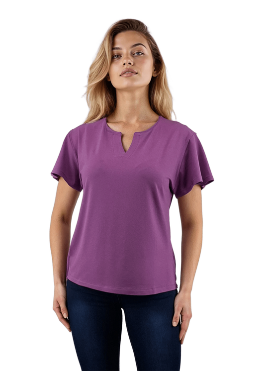 Damenbluse – kurzärmeliges T-Shirt mit spitzem Ausschnitt
