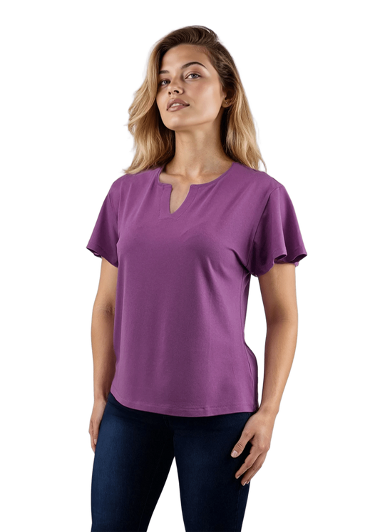 Damenbluse – kurzärmeliges T-Shirt mit spitzem Ausschnitt