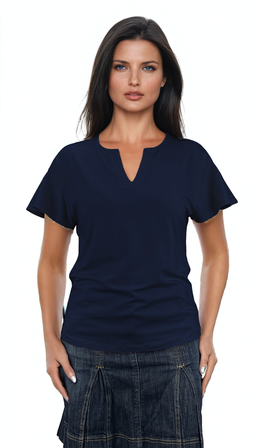 Damenbluse - Kurzarm-T-Shirt mit spitzem Ausschnitt