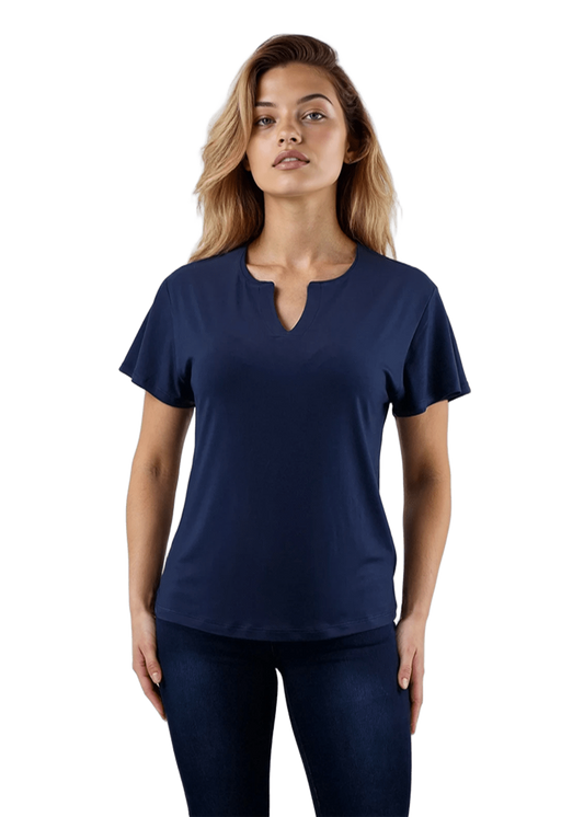 Damenbluse – kurzärmeliges T-Shirt mit spitzem Ausschnitt