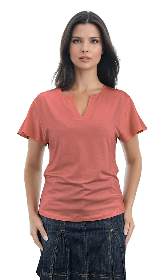 Damenbluse - Kurzarm-T-Shirt mit spitzem Ausschnitt